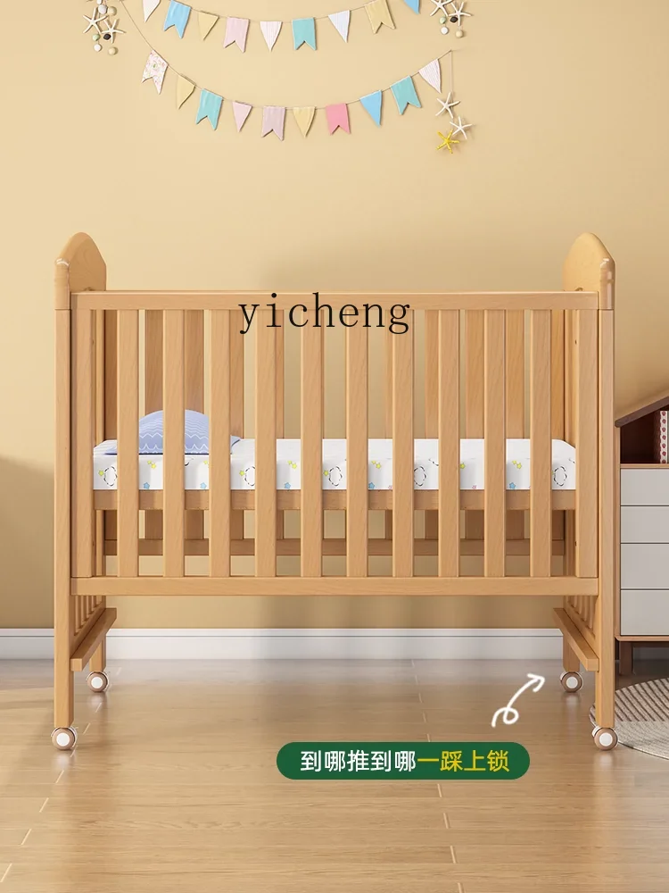 Tqh Children's Stitching Widened Babies' Bed Beech Stitching Bed with Fence Double-Layer Mobile Cradle Crib