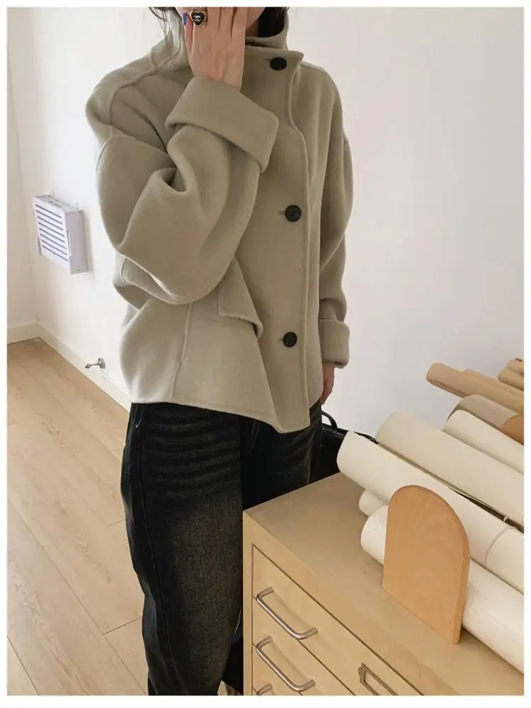 Office Lady Woolen Jackets 2024 Autumn And Winter Vertical Collar Large Lapel Single-Breasted Women\'s Short 100% Wool Coats