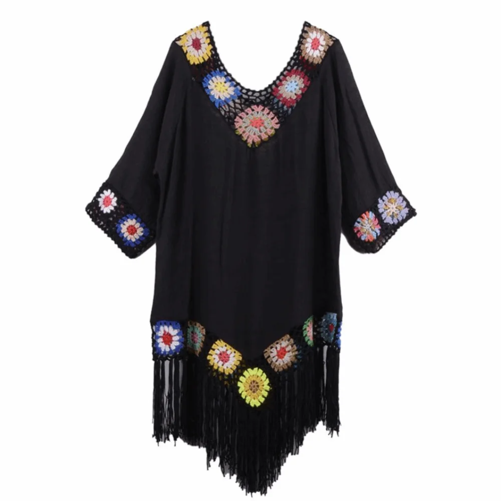 Fashion Fringe Trim Bikini Cover Up Hollow Design Crochet Pattern Beach Dress V-Neck Bathing Suit Cover for Women