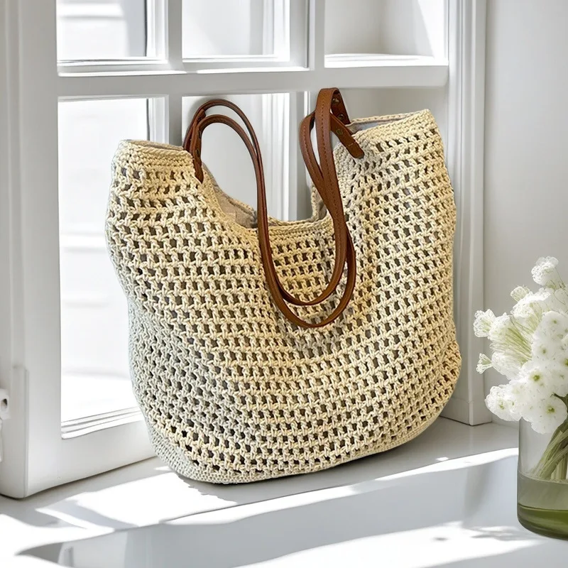 

Hand-woven Cotton Thread Bag Large Capacity Beach Bag Handbag Casual Hollow Shoulder Bag WomeninsAncient Style