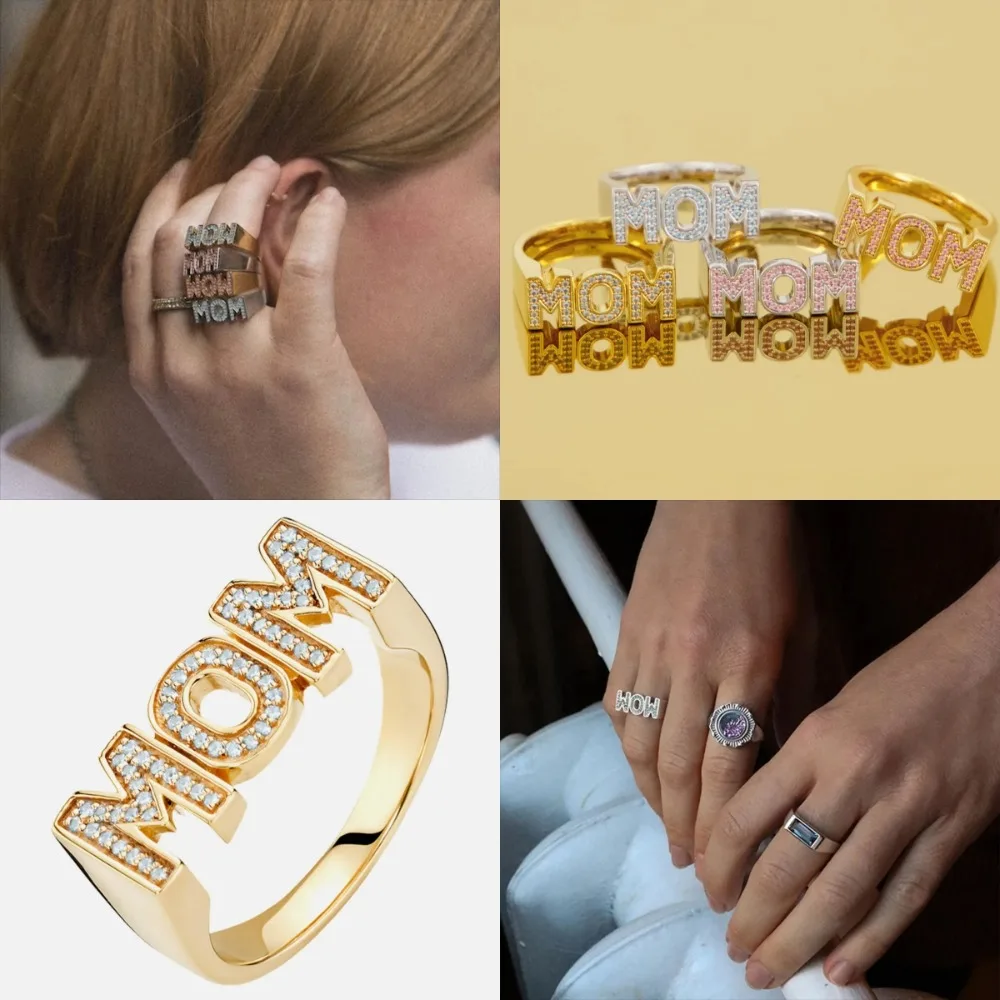 Creative Aesthetic MOM Ring Alloy Fashion Zircon Letter Ring Jewelry Gold Gift for Mother's Day Mom Gift