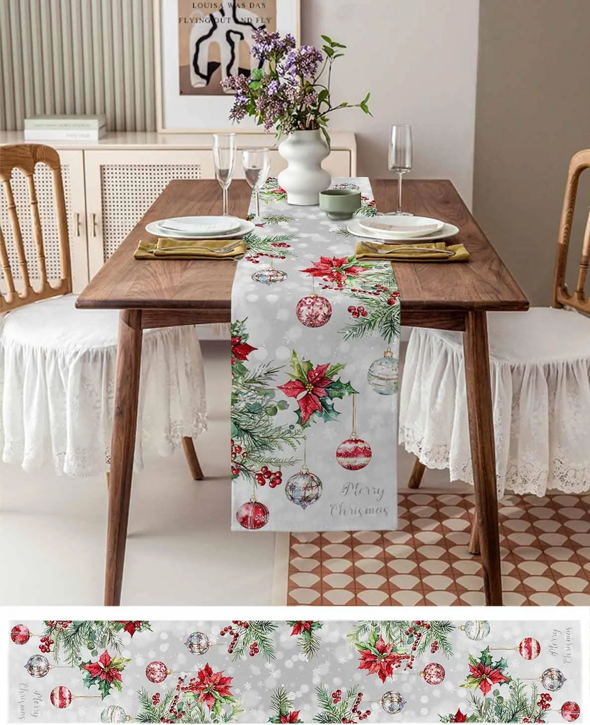 Christmas Ball Poinsettia Fir Leaf Snowflakes Linen Table Runner Dresser Scarf Red Berry Gray Table Runners Home Kitchen Decor