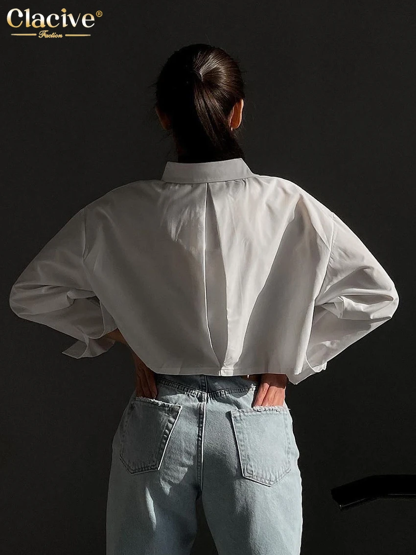 Clacive Fashion Lapel Long Sleeve Women\'s Blouse Sexy White Crop Shirts Streetwear 100%Cotton Pocket Tops Female Clothing 2022