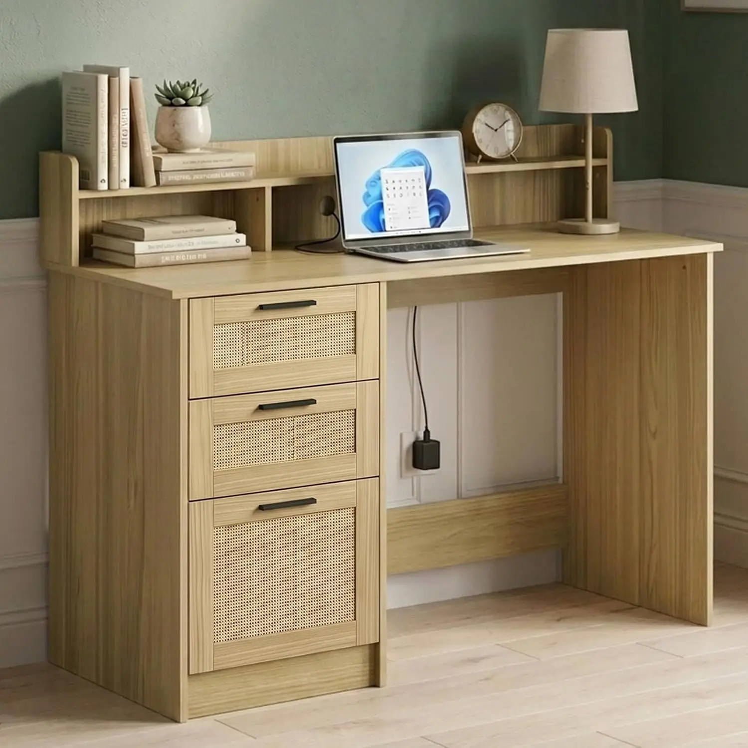 Boho Computer Desk with Hutch & Rattan Drawers, 47 Inch Writing Workstation, Customized