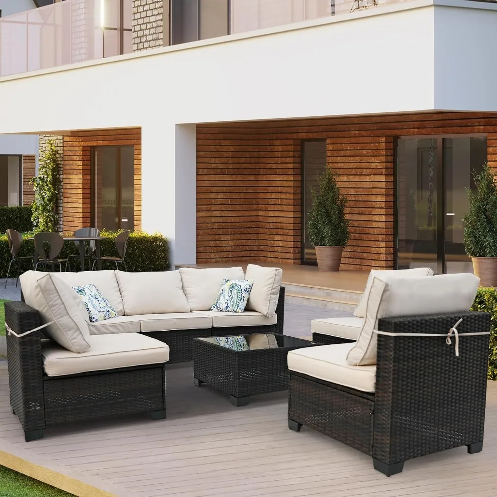 7 Pieces Outdoor Rattan Wicker Patio Conversation Set with Coffee Table, Armless Sofa, and Corner Sofa