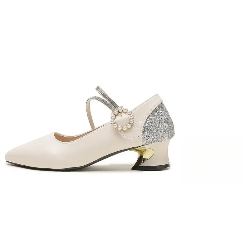 

Women’s Fashion Pointed Toe Chunky Heel Pumps with Pearl Ankle Strap, Versatile Dress Shoes for Office Commute