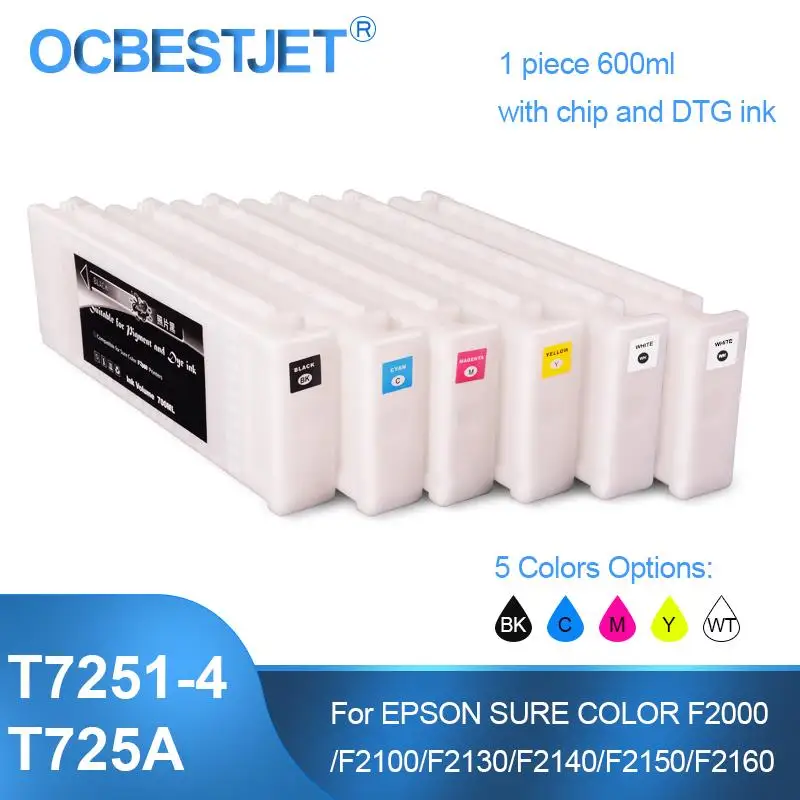 New! For Epson SureColor F2000 F2100 F2150 F2160 T7251-T7254 T725A T7251 Compatible Ink Cartridge Filled With DTG Ink 600ML/PC