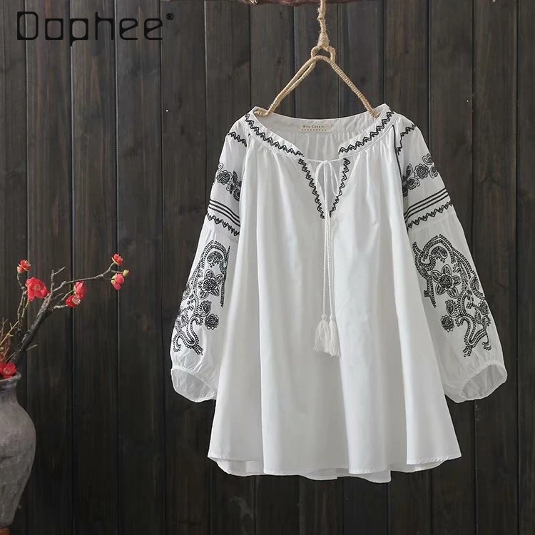 

Women's Summer New Vocation Style V-neck Tassel Bandage Embroidered Oversize Blouse Female Simple Loose All-Matching White Shirt