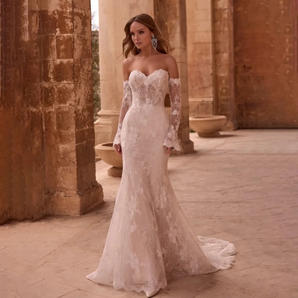 

Customized Button Wedding Dresses Elegant Sweetheart Half Sleeve For Women Charming Lace Applique Bridal Gowns Vestidos De Novia