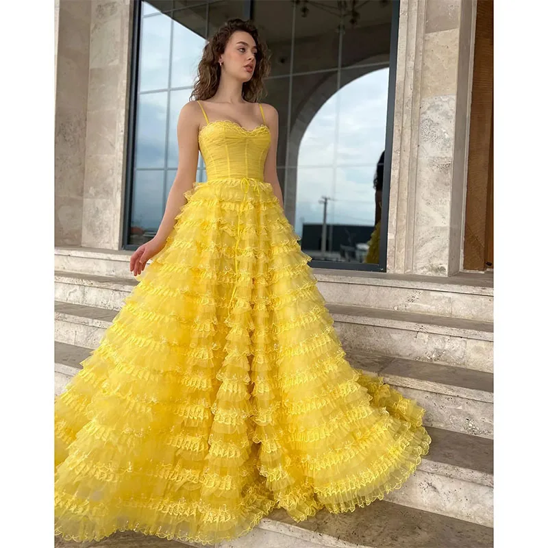 Robe de Rhjaune sexy pour occasion spéciale, bretelles spaghetti, corsage Sophia, jupe formelle à plusieurs niveaux, robe longue tapis rouge, soirée