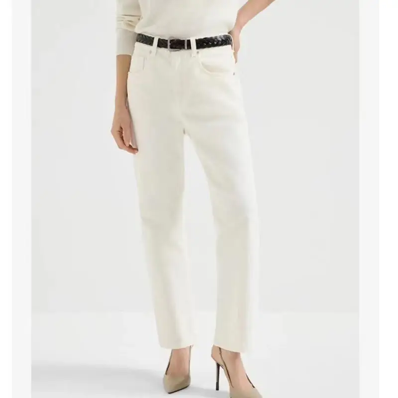 

Dave&di French Lady Women's Mid-rise White Straight-leg Cigarette Cropped Jeans Women's Jeans Woman Clothes Women's Denim Pants
