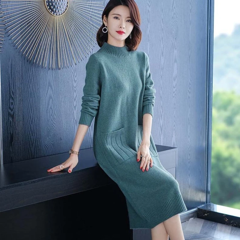 Outono inverno feminino camisola de malha vestido sólido meia gola alta manga comprida pulôver de malha solto feminino vestido de camisola de fundo