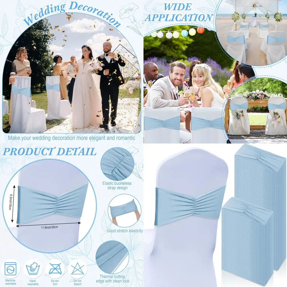 

100 Pcs Spandex Chair Bows with Elastic Bands for Wedding and Party Chair Decorations - Sky Blue