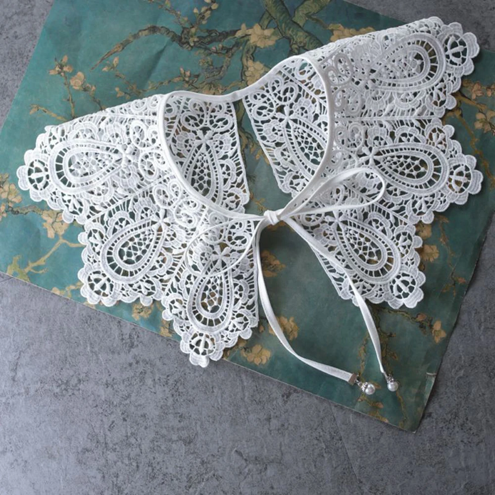 Vintage Palace Style Womens Doll False Fake Collar Hollow Out Crochet Lace Half Shirt Necklace Shawl with Imitation Pearl Bowtie