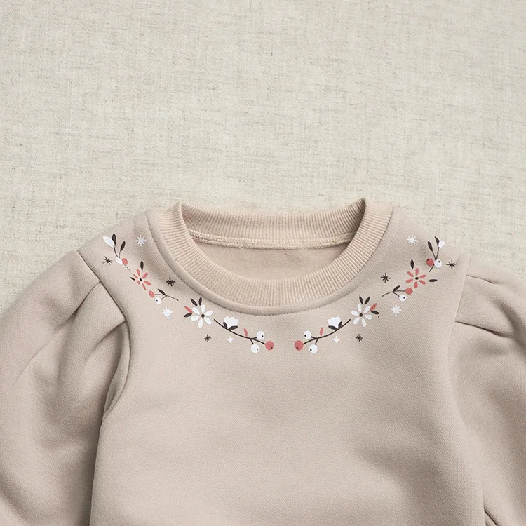 Girl Fashion Puff Sleeve Embroidery Sweatshirts Kids Autumn Winter New Girls Thickened Plush Comfortable Soft Pullover Tops