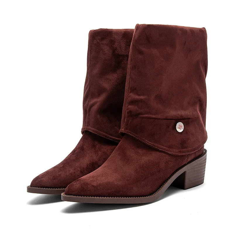 

C-H Женские сапоги до середины икры Модные ботильоны на плоской подошве с напуском и комфортом