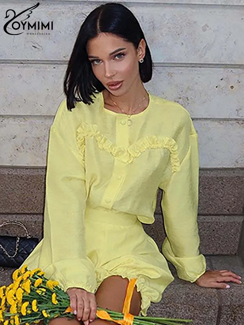 Oymimi Fashion Yellow 2 Piece Sets Women Outfit Elegant O-Neck Long Sleeve Ruffled Button Shirts And High Waisted Shorts Sets