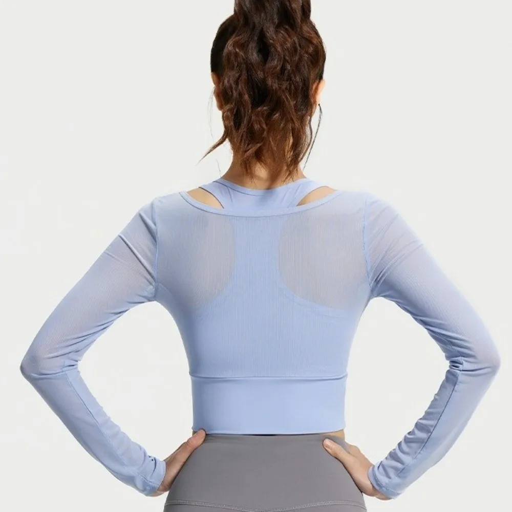 Long Sleeved Fitness Yoga Top Mesh Splicing Fixed Chest Pad Yoga Shirts High Elastic Pullover Neck Women Sports Top