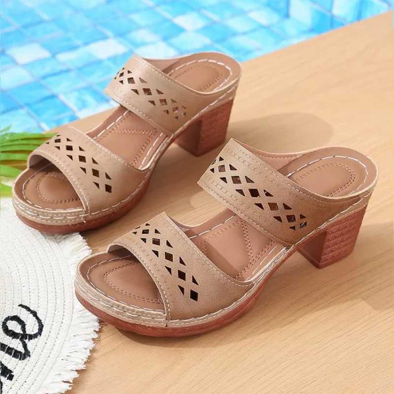 Summer 2026 Large Size Retro Slope Heel Slippers Hollow Out Design Women's Sandals Comfortable Rubber Sole High Heel Shoes
