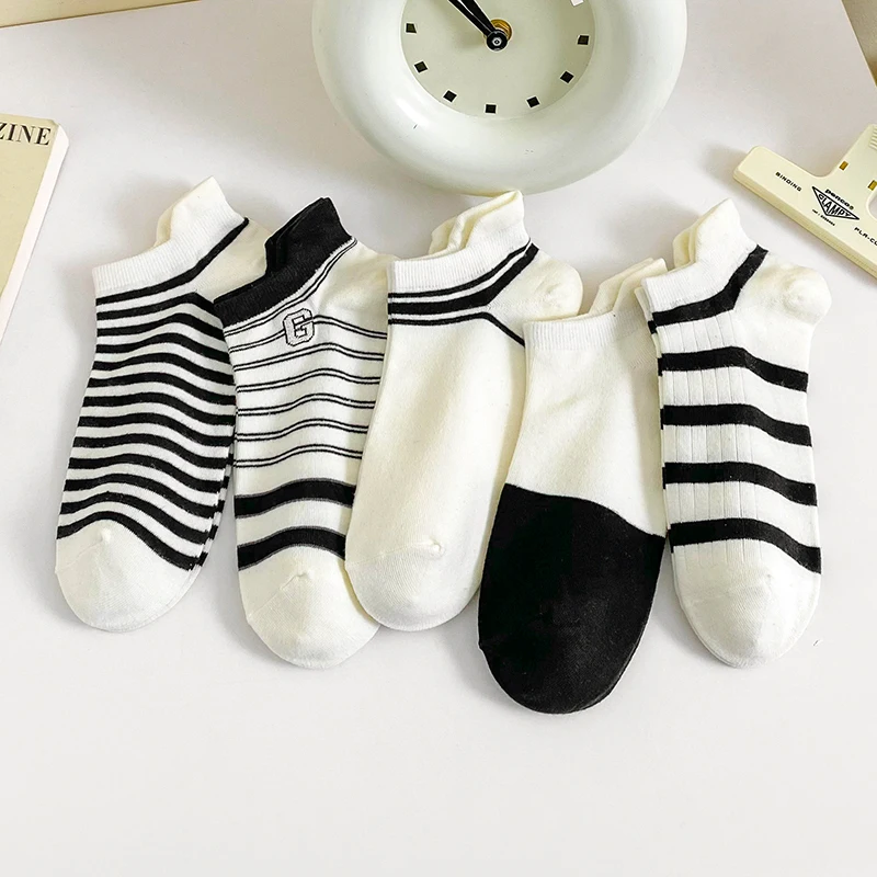 

5 пар модных женских носков, полосатые однотонные носки до щиколотки, милые модные универсальные дышащие хлопковые повседневные короткие носки для девочек