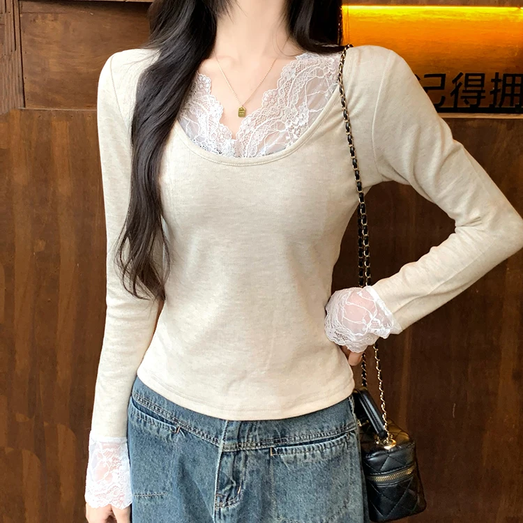 2026 Herbst Winter Damen T-Shirt Spitze Schlankes Basis-T-Shirt Elegantes Vielseitiges Strick-Layering-Oberteil mit Langen Ärmeln für Damen Neu eingetroffenes T-Shirt – Detail 7