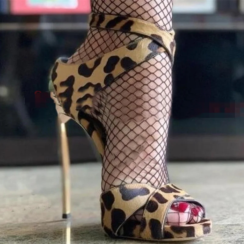 

Sexy Leopard Horsehair Ankle Cross Strap Sandals Woman Gold Wrapped Metallic High Heels Peep Toe Gladiator Banquet Dress Shoes
