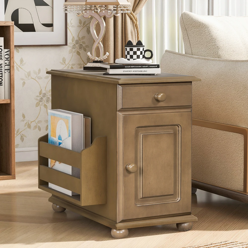 

Vintage End Table Flip Top Side Table with USB Ports, Drawer with cup holders, Sofa Couch Table with Bookshelf for Living room