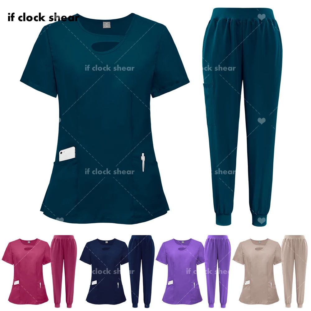 

Casual Nurse Working Clothes Women Short Sleeved Apparel V-neck Top Jogger Pant Pharmacy Medical Hospital Doctor Nursing Uniform