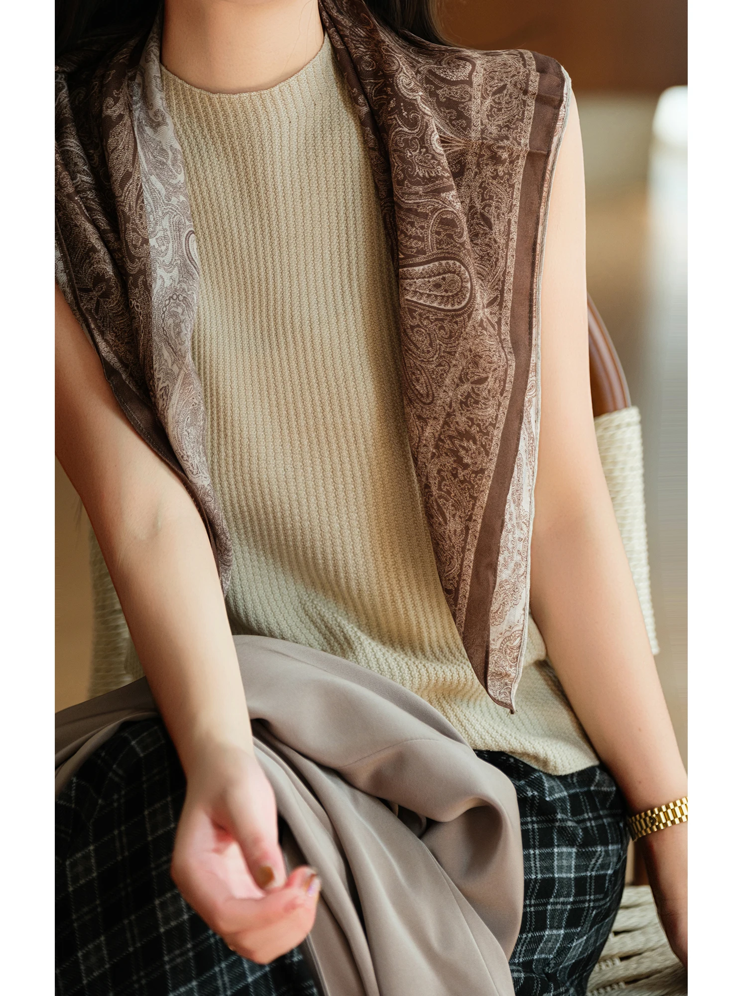 Slimming Knitted Vest with Wool Sleeveless Small Stand Collar Right Angle Shoulder Texture Casual Style Ladies' T-shirt