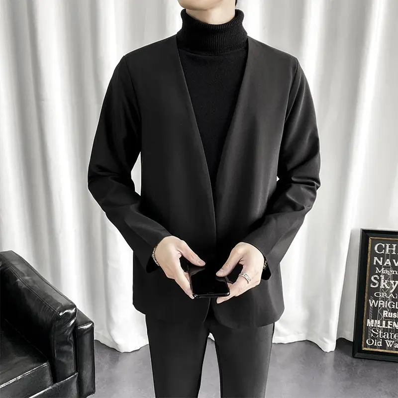 3-G14  Casual Korean style Asian trendy men's tops long sleeve collarless suit jacket persoy casual collarless light mature suit