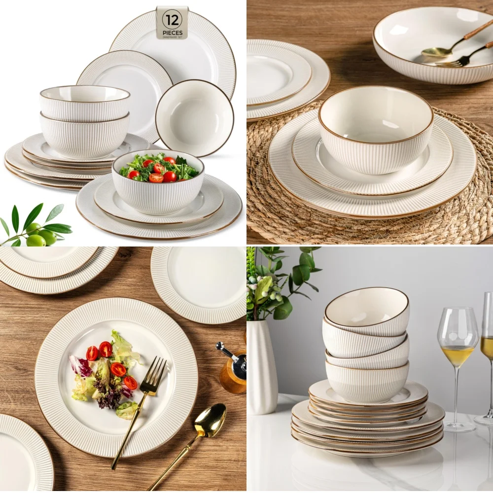

Ceramic Tableware Set12 Piece Ceramic Dinnerware Set Embossed Stoneware Plates and Bowls for 4 Perfect for Everyday Use and