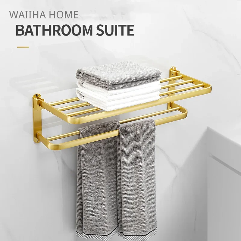 

60CM Space Aluminum Towel Rack Gold Bathroom Towel Holder Wall Mounted Folding Storage Shelf Bathroom Accessories