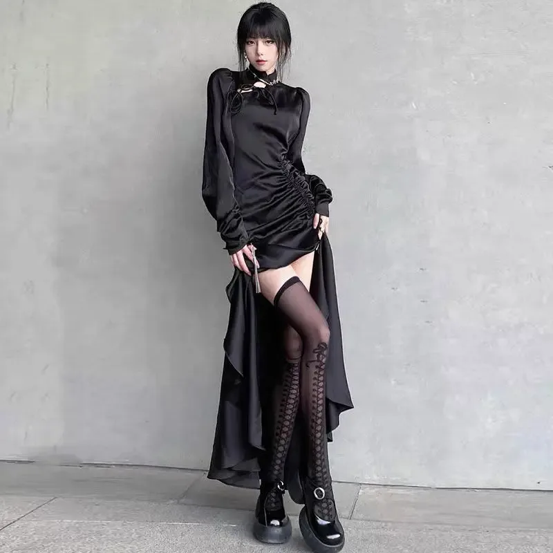 

qq98Sexy черный Cheongsam женский длинный китайский Y2K с высоким разрезом Qipao Китайский новый стиль платья леди темное бандажное платье одежда