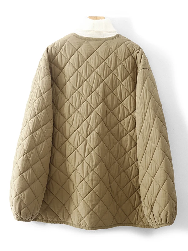 Loose Casual V-Ne Women's Cotton Jaet Korean Sle Diamond Pattern Winter Warm Thiened Long Sve One Button Closure