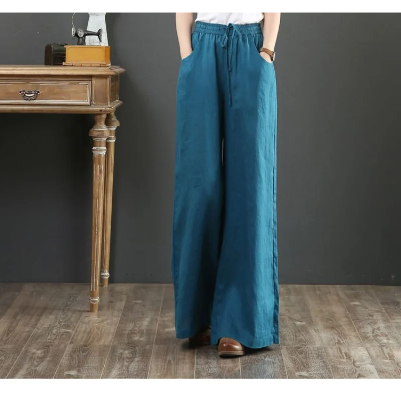 연장형 코튼 린넨 예술적 드레이프 와이드 레그 레이스 퍼플 플로어 길이 바지