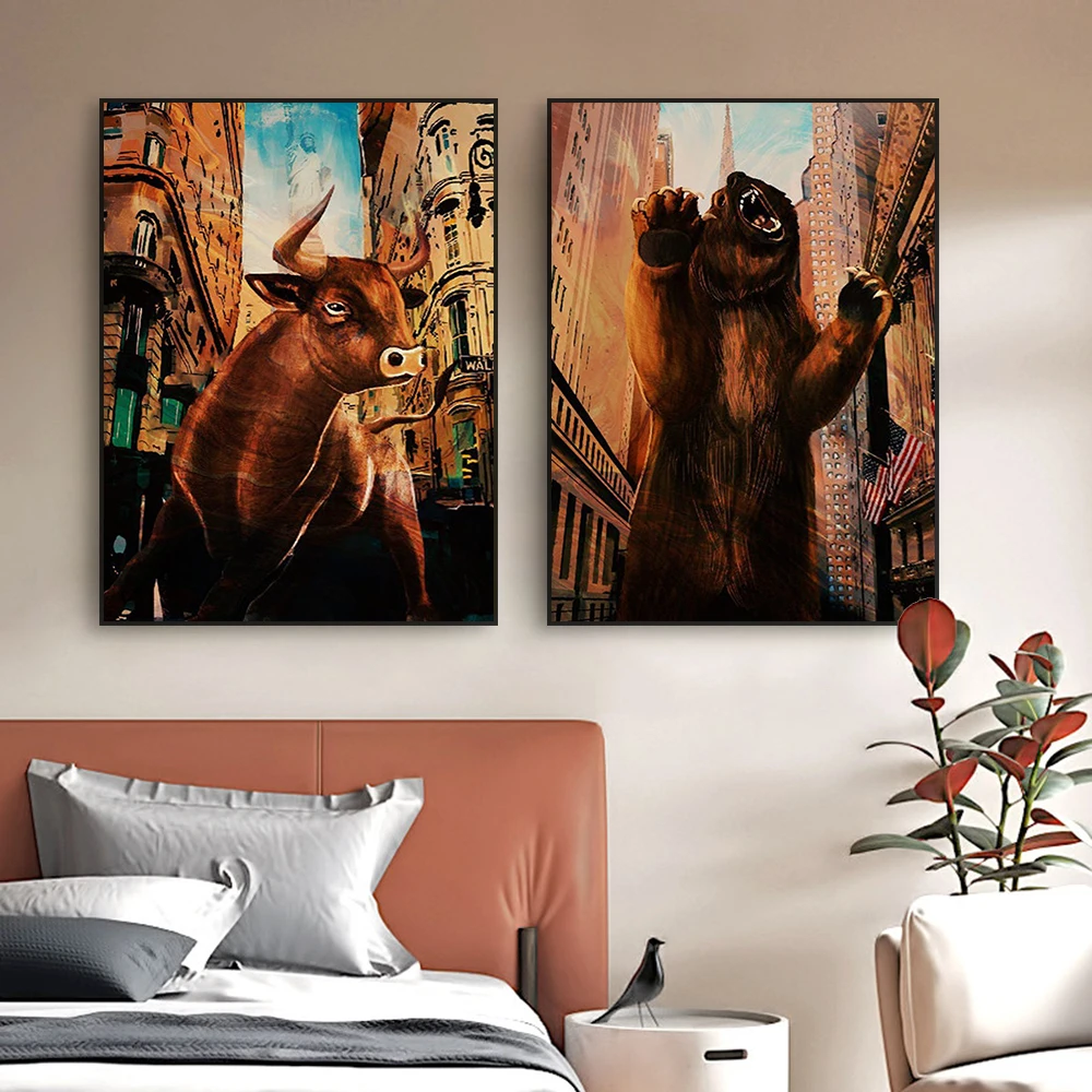 

Fashion Graffiti Poster Bear & Bull Stock Market Print Stock Exchange Financial Canvas Painting Home Office Wall Decoration