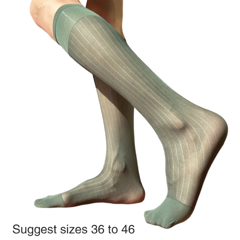 E15E 남성용 나일론 쉬어 슈트 양말 비즈니스 드레스 양말 와이드 스트라이프 오버 송아지 스타킹