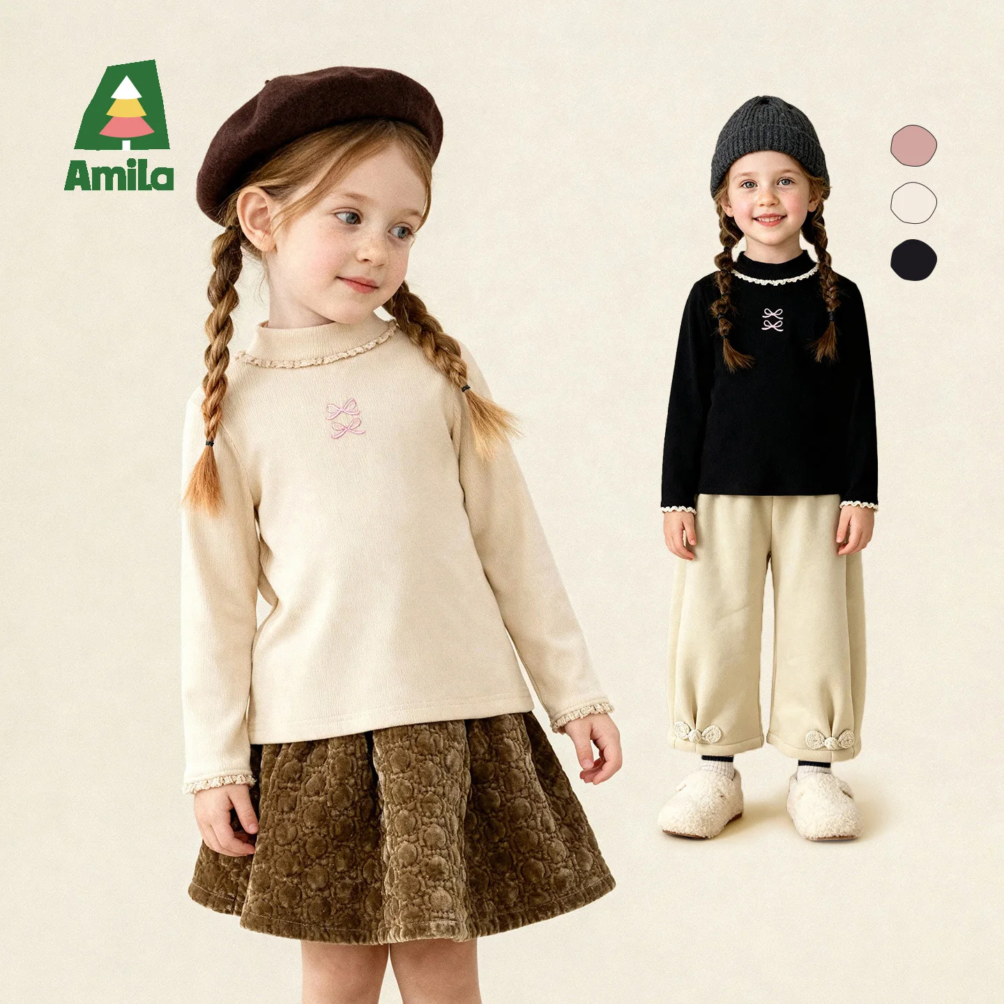 

Amila Kids Winter Girls' Warm Bottom Shirt With Half High Collar Pattern And Comfortable Skin Friendly, Sweet And Cute Edges