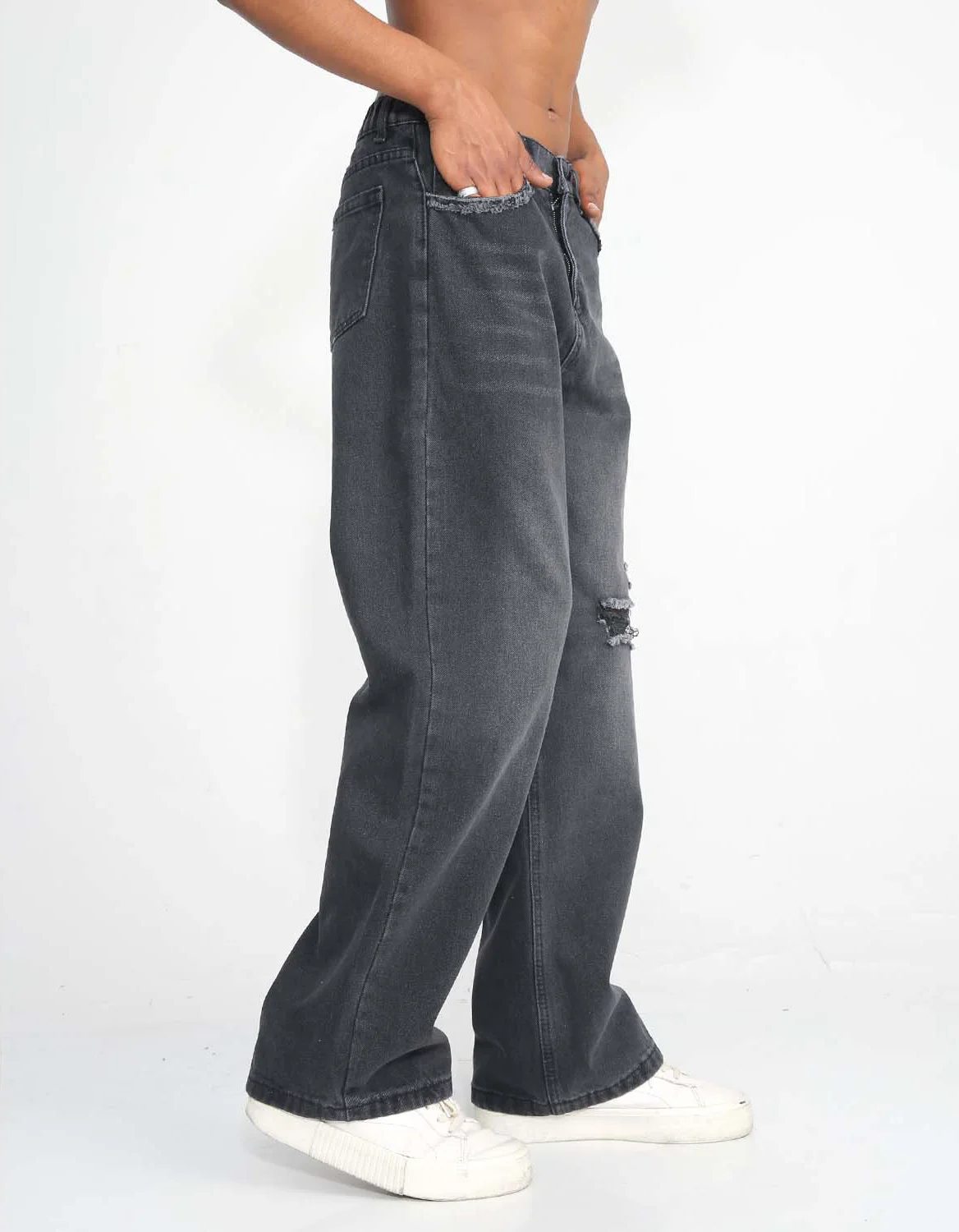 2023 New Products Korean Straight American Trendy Denim Trousers with Holes in Black