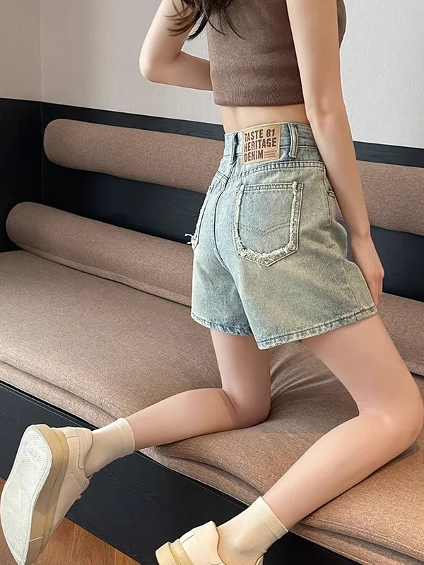 

Light Blue Frayed Hem Denim Shorts Women's Summer Thin Color Block Leather Tag Slimming Hip Covering A-Line Wide Leg Hot Pants