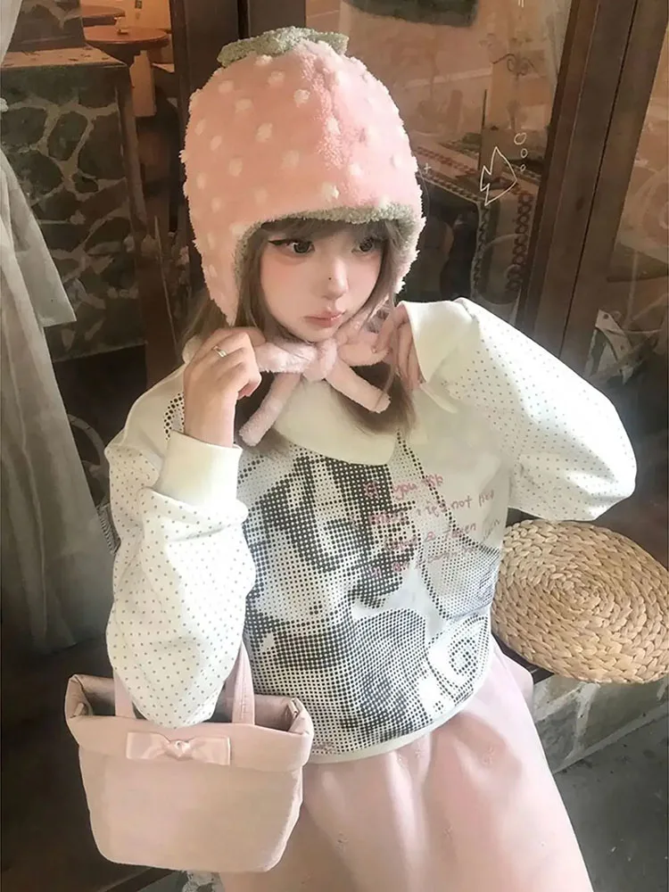 

Свитшот женский с мультяшным принтом, в стиле пэчворк в горошек, повседневный, свободный, милый, худи, весна 2026, гранж, Y2K, эстетика