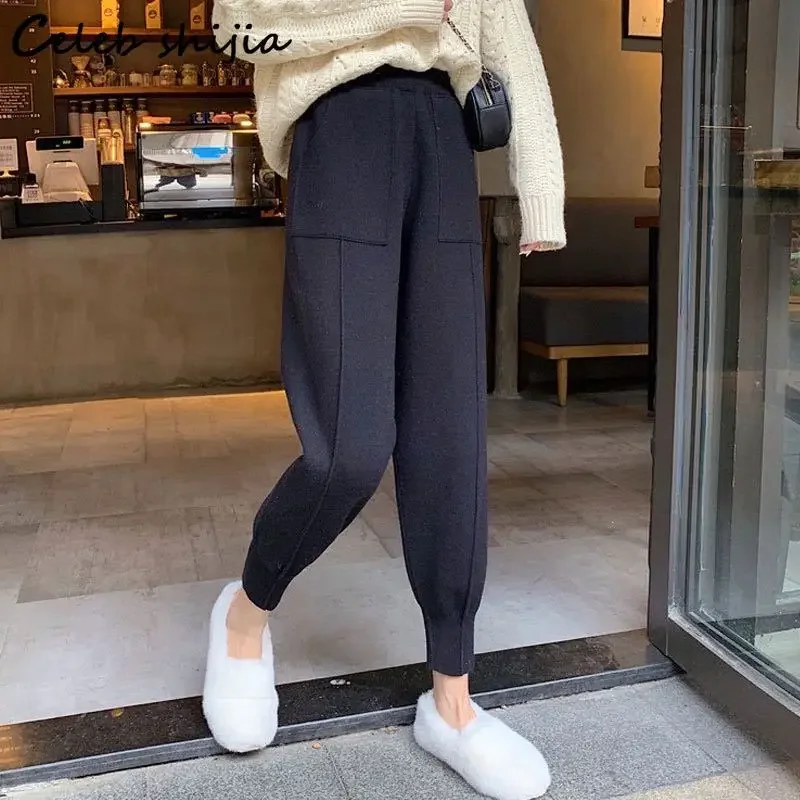 SHIJIA Beige Knitted Harem Pants Woman High Waisted Gray Autumn Winter Korean Fashion Bottom Knit Trousers Female Pants Fall