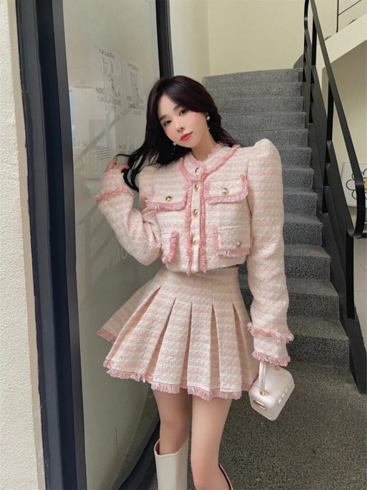 Spring and Autumn 2024 New Tweed Puff Sleeve Coat Thin Pleated Skirt Elegant Set Female Winter Conjunto Twede Feminino