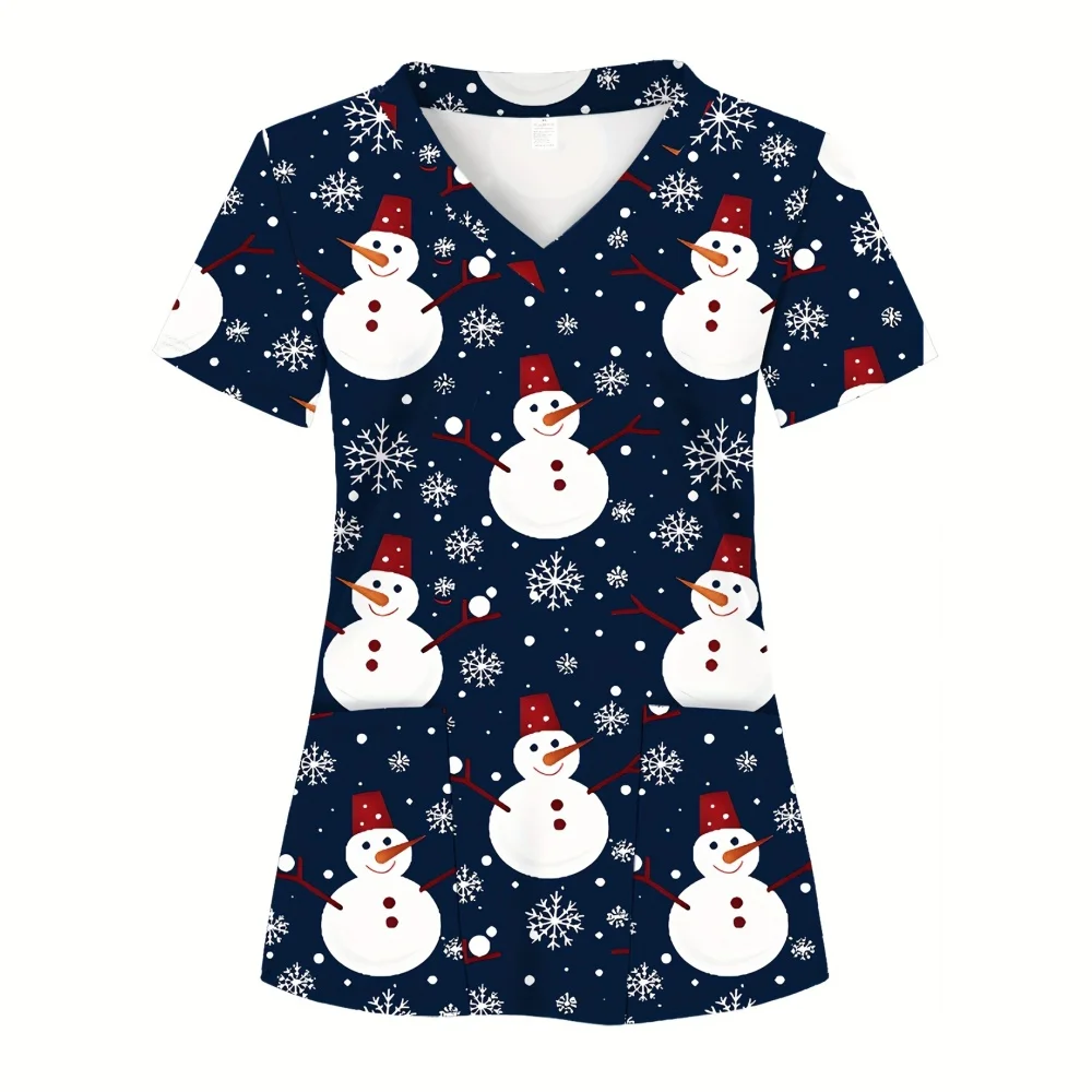المرأة جميلة عيد الميلاد ثلاثية الأبعاد طباعة تي شيرت برقبة على شكل v خفيفة الوزن جيوب قصيرة الأكمام مثالية للممرضات الطبيب البيطري الجمال المرأة فرك #2