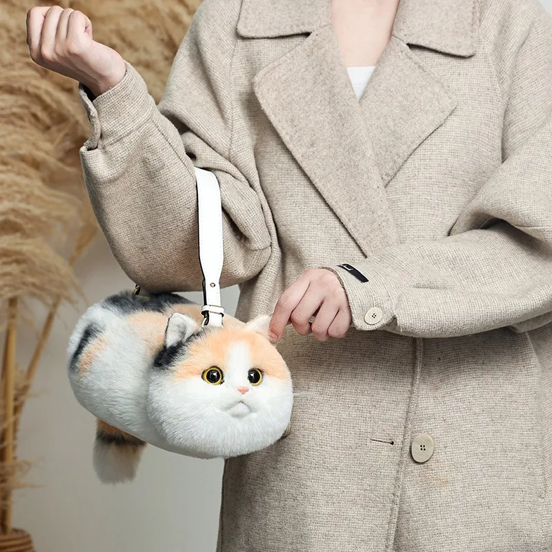 Cute Calico Cat Plush Shoulder Bag Stuffed Kitten Tote Handbag Crossbody Realistic Simulation Animal Plush Doll