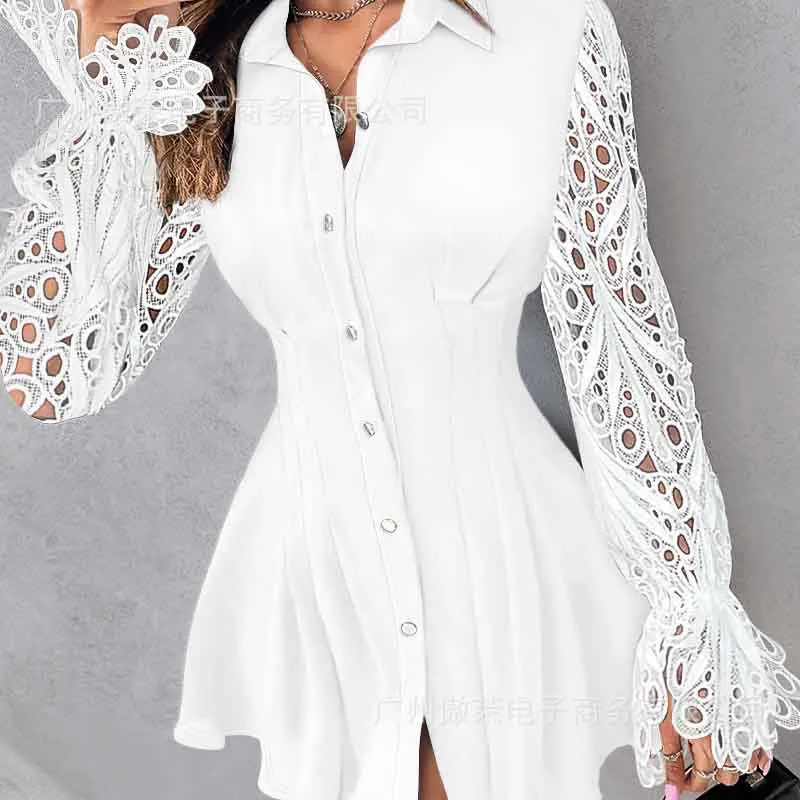 Lace Splicing Long-sleeved Shirt Dress Women Spring Autumn New Lapel High-waisted Solid Color Short Dresses