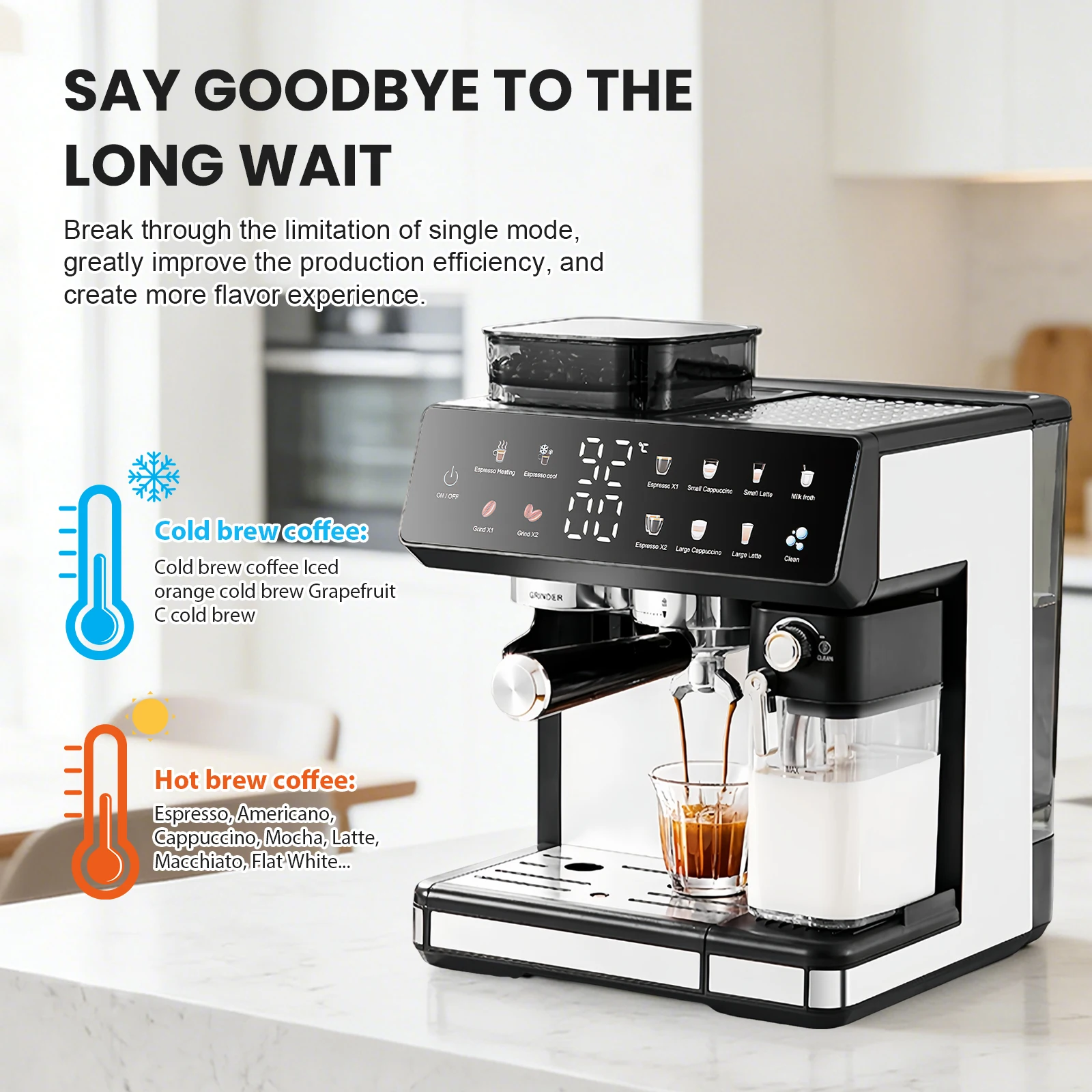 Halbautomatische Espressomaschine mit integriertem Mahlwerk, 20 Bar, TFT-Touchscreen, automatischer Milchaufschäumer, für heiße und kalte Getränke, 8 Voreinstellungen, schwarz und silber.
