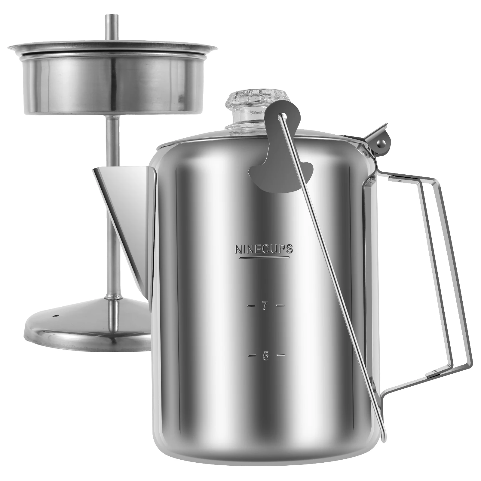 Percolator Coffee Pot Stainless Steel Camping Coffee Pot Outdoor Stovetop Coffee Maker with Clear Top Glass Knob 9 Cups Coffee