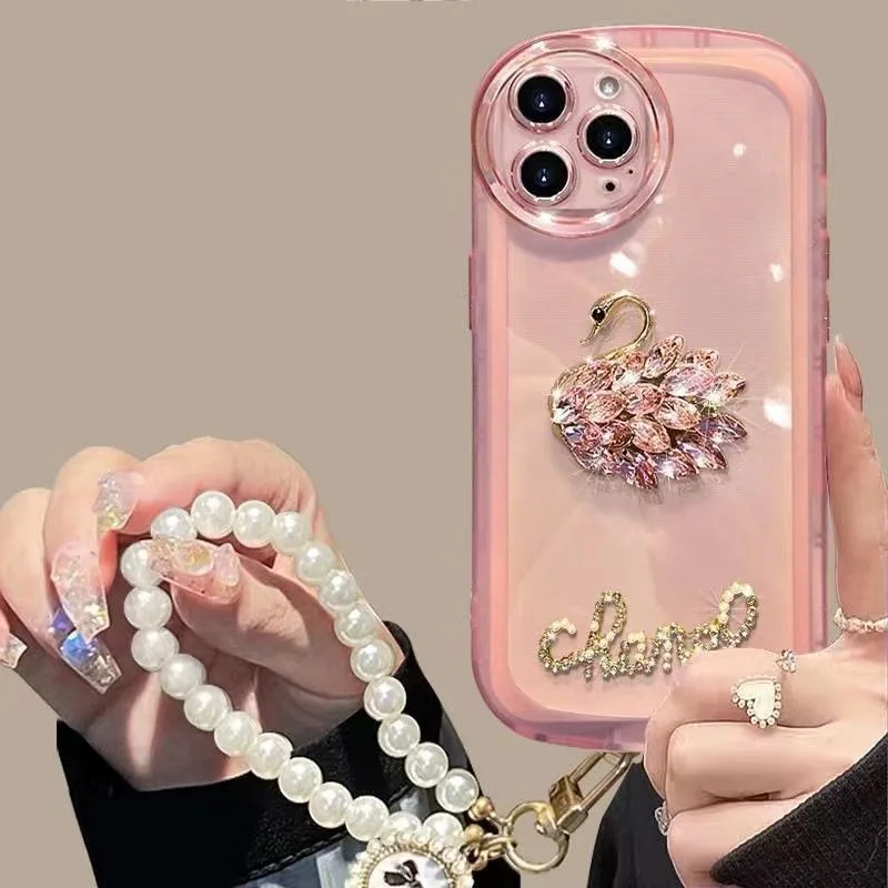 أبل 16 15 برو بلس آيفون 14 13 12 11 8 7 6 Se X Xs Promax الفاخرة حجر الراين سوان اللؤلؤ سوار جراب هاتف شفاف #4