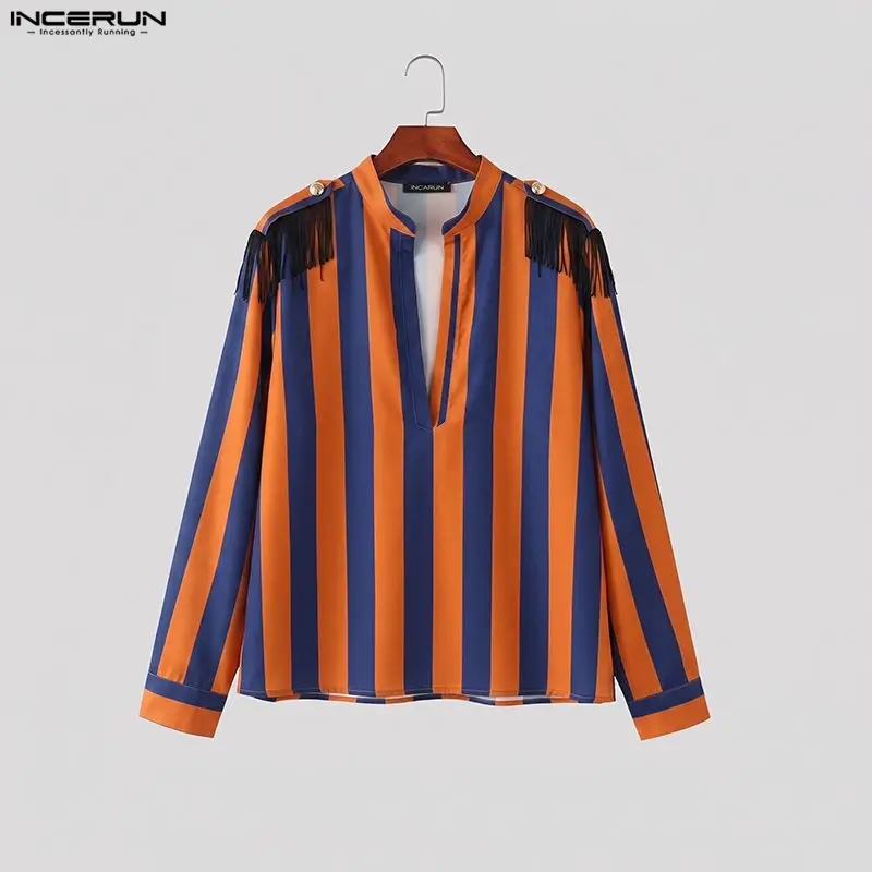 INCERUN Herrenhemd mit Quasten, gestreift, Patchwork, V-Ausschnitt, Langarm-Oberteil für Männer, Streetwear, modische Freizeitkleidung, Camisa